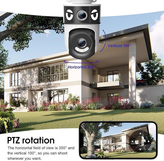 H4 Dual-Lens PTZ WiFi 1080P Home Security Camera, 24/7 Recording IP65 Waterproof Indoor&Outdoor Camera with Motion Detection, Two-Way Audio, Color Night Vision & Cloud Storage