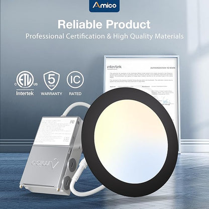 Amico 24 Pack 6 Inch Black 5CCT Ultra-Thin LED Recessed Ceiling Light with J-Box, 2700K/3000K/3500K/4000K/5000K Selectable, 12W Eqv 110W, Dimmable Canless Downlight, 1050LM High Brightness, ETL, FCC