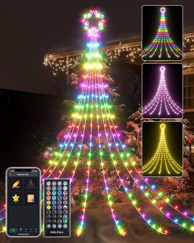Smart Outdoor Christmas Waterfall Star String Lights, 12FT Dynamic RGB Led Tree Lights DIY Color Changing App Remote Control Unique Yard Lights for Outside Roof Home Xmas Holiday Decorations