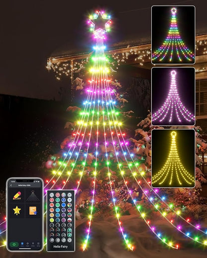 Smart Outdoor Christmas Waterfall Star String Lights, 12FT Dynamic RGB Led Tree Lights DIY Color Changing App Remote Control Unique Yard Lights for Outside Roof Home Xmas Holiday Decorations