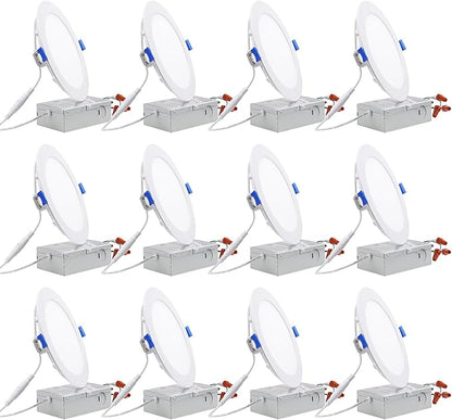 TORCHSTAR 12-Pack 6 Inch Ultra-Thin LED Recessed Lighting with J-Box, 4000K Cool White, 12W Dimmable 1000lm Brightness LED Downlight, ETL & Energy Star Listed