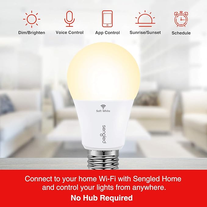 Sengled Smart Light Bulb, WiFi Light Bulbs That Work with Google Home, No Hub Required, Smart LED Light Bulb A19 Soft White (2700K), 2 Pack