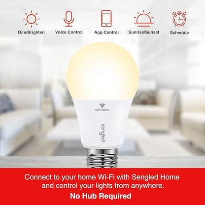 Sengled Smart Light Bulb, WiFi Light Bulbs That Work with Google Home, No Hub Required, Smart LED Light Bulb A19 Soft White (2700K), 2 Pack