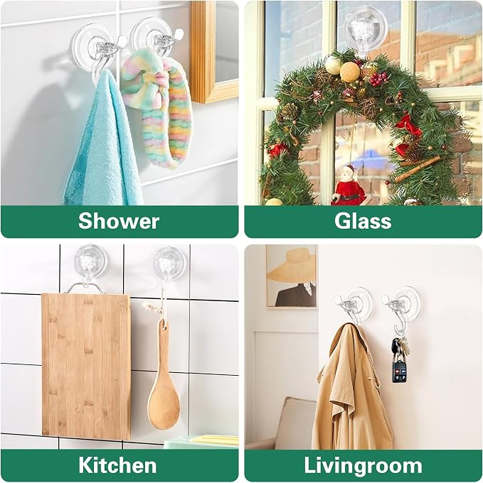 Goabroa Suction Cup Hooks, 6 Pack Clear Window Suction Cups with Hooks | Reusable Wreath Hangers for Front Door, Glass, Bathroom, Kitchen, Home Decor, Hold up to 11 lbs
