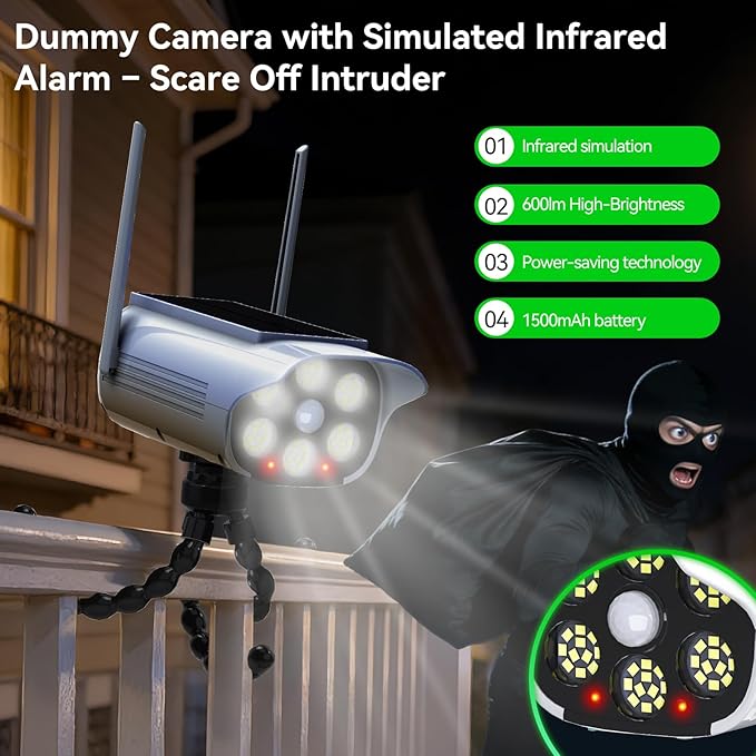 Fake Security Camera Solar Light, Outdoor Dummy Camera Solar Powered Light with 3 Mounts (Magnetic, Clip, Octopus), Easy Install for Eaves, Fence, Wall, Glass & Metal Surfaces