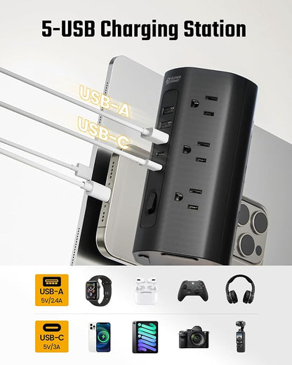 SUPERDANNY Tower Power Strip, 20Ft Extension Cord, 1700J, 12 AC 5 USB,Black | 3 USB A, 2 USB C, Surge Protector Power Tower, Flat Plug, Desk Charging Station with Multiple Outlets, Home Office Dorm Room
