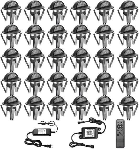 Sumaote WiFi Deck Lights Kit, 30pcs Φ1.38 RGB Half Moon Low Voltage Recessed Deck Lights Smartphone APP Control LED Steps Lighting Waterproof Outdoor Yard Path Stair Landscape Decor, Black