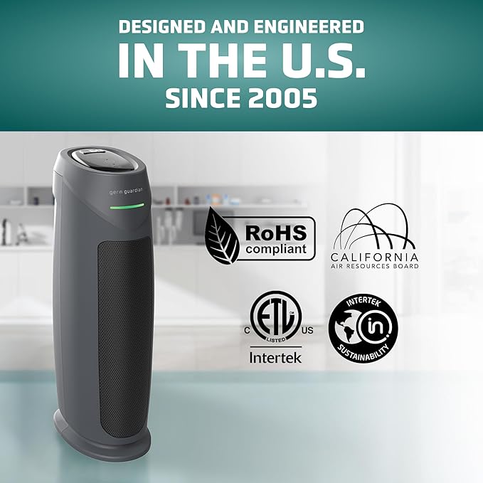 GermGuardian HEPA Air Purifier for Home, Large Rooms Up To 743 Sq. Ft. with HEPA PURE Air Filter, Air Quality Monitor & UV-C Light, AC4880G, 22" Tower, Graphite