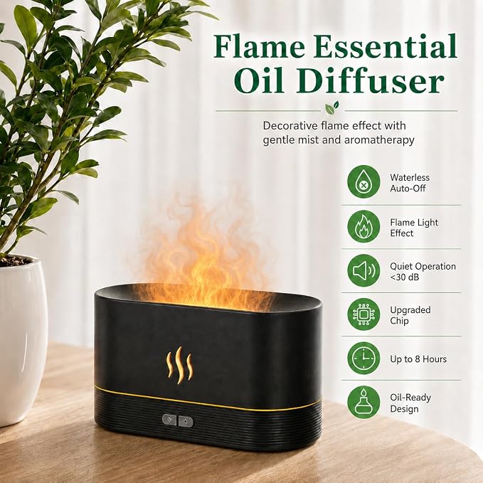 Aegci Flame Air Diffuser Humidifier, 180ML Essential Oil Diffuser with Fire Mist Effect, Ultrasonic Aroma Diffuser, 2 Brightness Modes, Auto-Off, for Bedroom Home Office(Black)