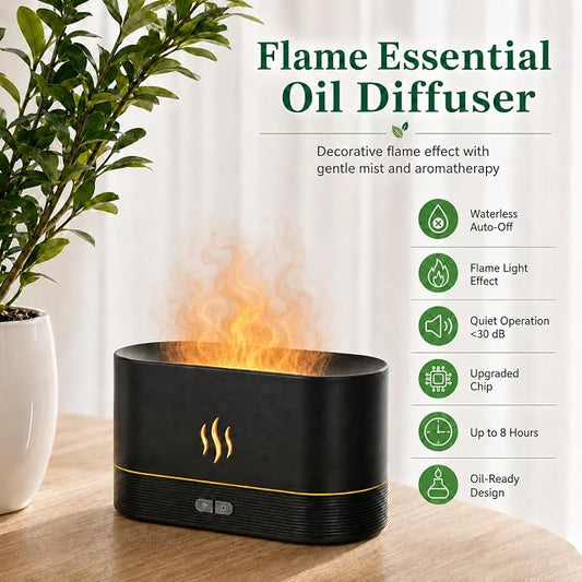 Aegci Flame Air Diffuser Humidifier, 180ML Essential Oil Diffuser with Fire Mist Effect, Ultrasonic Aroma Diffuser, 2 Brightness Modes, Auto-Off, for Bedroom Home Office(Black)