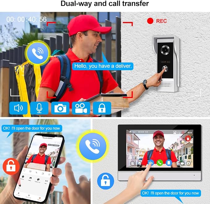 YiToo 7" Wired Video Door Phone Intercom System 1080P Indoor Monitor Touch Screen with HD Infrared Outdoor Doorbell WiFi Tuya APP Connection for Villa Home Office Apartment