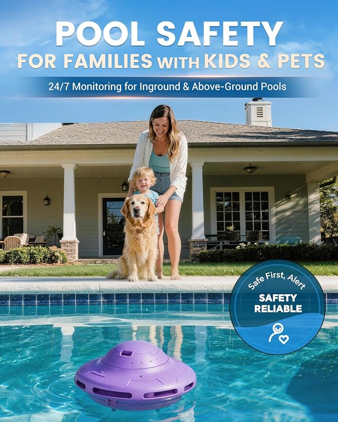 Smart Pool Alarm with App for Inground & Above Ground Pools, Adjustable Sensitivity Water Detection Alarm up to 20x40ft, 85dB+ Safety Alerts for Kids, Pets & Accidental Entry(Purple)
