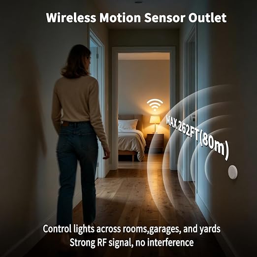 NineLeaf Wireless Motion Sensor WiFi Outlet 260FT Remote Smart Switch | App Control, Adjustable Sensing Mode, WIFI Auto Control Lights Fan Appliances, No Wiring,Garage,1Sensor 3Plugs