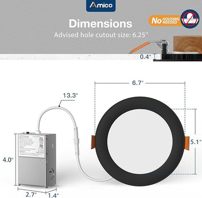 Amico 4 Pack 6 Inch Black 5CCT Ultra-Thin LED Recessed Light with Junction Box, 2700K/3000K/3500K/4000K/5000K Selectable, 12W Eqv 110W 1050LM Dimmable Canless Wafer Downlight, ETL & FCC