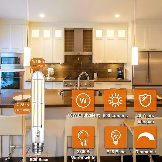 Vinaco 7.3 Inch E26 T10 Tube Bulb Dimmable, 6 Pack T10 Tubular Bulb LED 6W Equal. 60W Warm White 2700k, Clear Glass T10/T30 LED Edison Bulb for Sconce, Floor Lamp, Tall Island Pendant Lamp