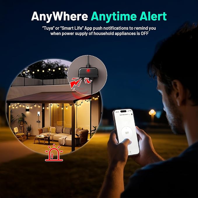 Power Failure Alarm WiFi, Outdoor Power Outage Alarm with App Alert & Loud 110dB, Smart Power Outlet Alarms for Freezer, Sump Pump, Auto Drip Irrigation, Greenhouse, Pond Pump
