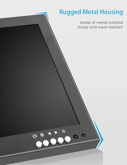 10.1" Security Monitor, 1280 x 800 HD Display, 16:10 IPS Metal Portable Mini CCTV Monitor, HDMI VGA BNC AV USB Ports, Built-in Speakers & Remote Control, for DVR, PC, Raspberry Pi