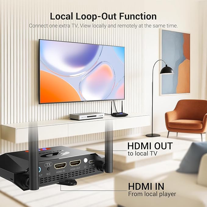 Wireless HDMI Transmitter and Receiver 4K Decoding 1080P 60HZ, 656 FT, HDMI Loop-Out, IR Extend, Dual Cooling Systems, 8 Channels, 1 TX to 3 RXS, Streaming from STB,PC,CCTV to TV,Projector,Monitor