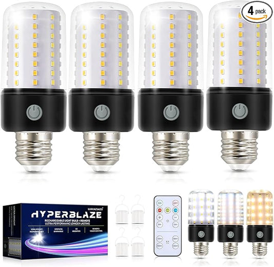 HYPERBLAZE Battery Operated Light Bulb with Remote, 72-LED Wide Bright & 3 Colors & Dimmable Rechargeable Light Bulbs for Lamps, USB+ E26 Lamp Socket Charging for Non-Hardwired Sconces, 4 Pack