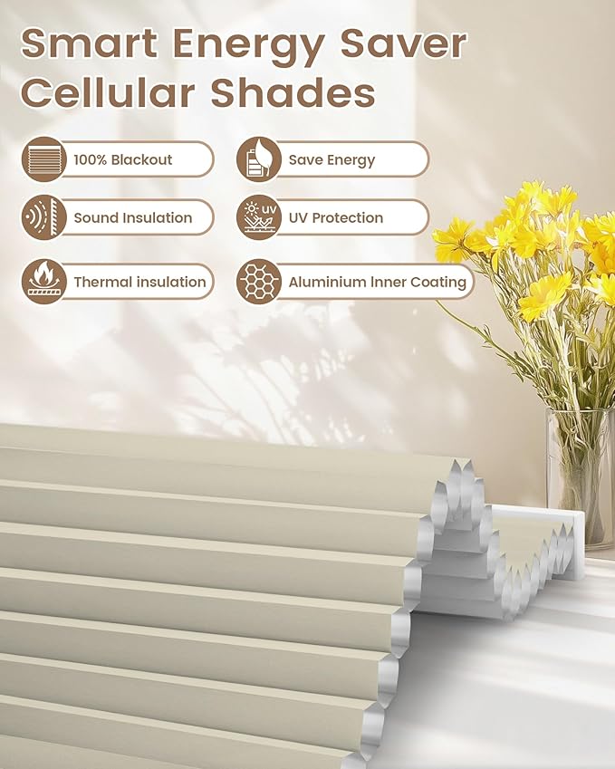 Kincmo Motorized Cellular Shades, Custom Motorized Blinds with Remote, Cordless Smart Electric Honeycomb Blinds Work with Apple HomeKit, Alexa, Google (100%-Blackout-Single-Cell Beige)