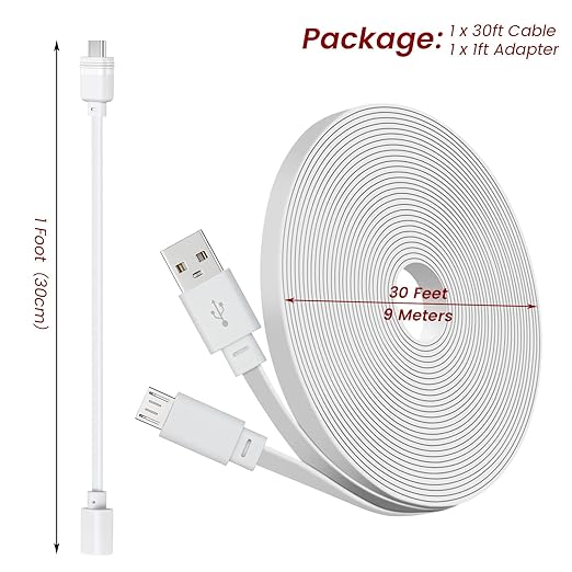 weishan 30ft USB C Cable Compatible with Blink Mini 2, Blink Mini and Blink Outdoor 4(4th Gen),(3rd Gen), XT, XT2 Cameras - 15m Long Flat Charging Cord with 1ft USB C Waterproof Adapter, White