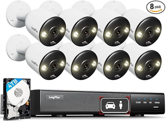 LongPlus 12MP Security Camera System, 12MP H.265+ PoE Home Security Camera System, Spotlight Color Night Vision, Person Vehicle Detection, 16CH NVR 4TB HDD, LP12MEF8B1