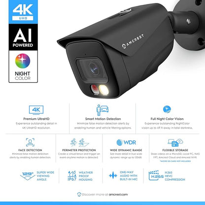 Amcrest 2-Pack UltraHD 4K IP PoE AI Camera, FOV 129°, 49ft Color Nightvision, Security Outdoor Bullet Camera, Human & Vehicle Detection, Active Deterrent, 4K @15fps, 2PACK-IP8M-2796EB-AI (Black)
