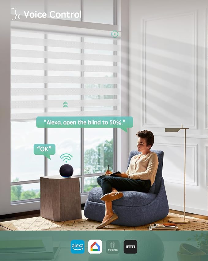 Yoolax Motorized Blinds with Remote, Motorized Zebra Blinds Compatible with Alexa, Privacy Motorized Blinds, Zebra Shades for Windows Custom Size(V-Haze Narrow White)