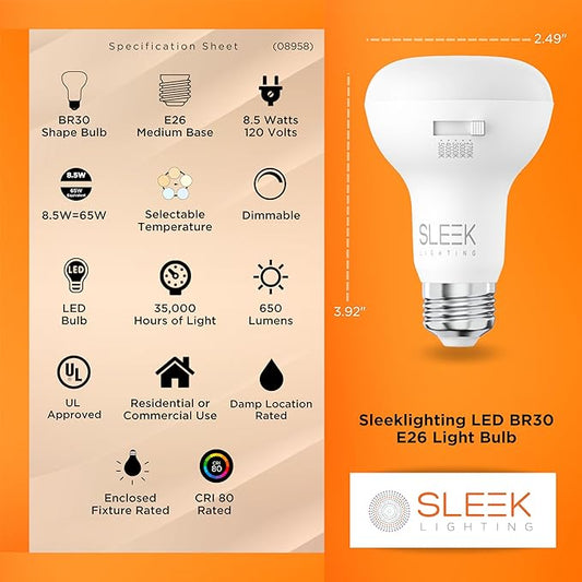 BR30 65W Equivalent 8.5 Watt LED Bulb, 5 CCT (2700K, 3000K, 3500K, 4000K, 5000K) 650 Lumens, Dimmable, Energy Star, E26 Base - Indoor and Outdoor Use (4 Pack)