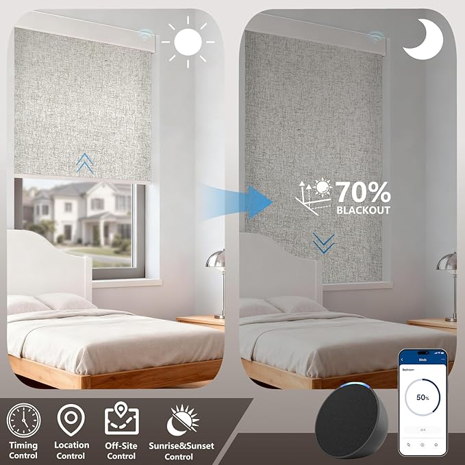 Motorized Light Filtering Roller Shades – Smart Electric Blinds for Living Room, Alexa Google Home Siri, Matter Compatible, Custom Window Shades, Cordless Rechargeable