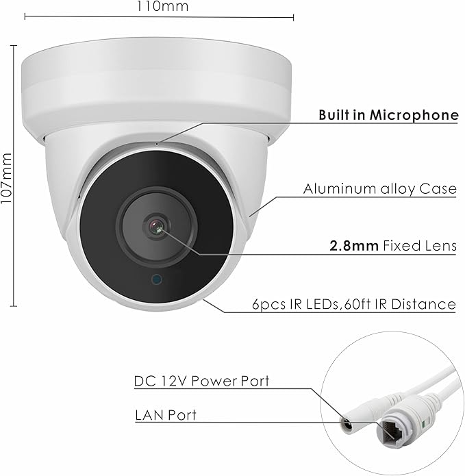 4K 8MP Security PoE IP Camera 80ft IR Night Vision Turret Dome Camera Outdoor with Microphone/Audio，2.8mm Fixed Lens，110°Wide Angle，IP66 Waterproof