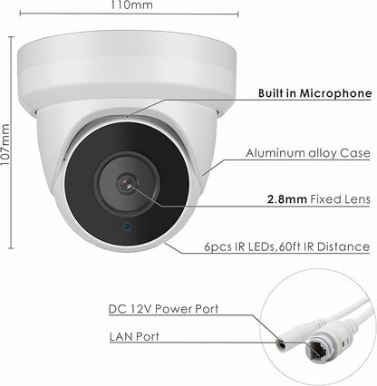 4K 8MP Security PoE IP Camera 80ft IR Night Vision Turret Dome Camera Outdoor with Microphone/Audio，2.8mm Fixed Lens，110°Wide Angle，IP66 Waterproof