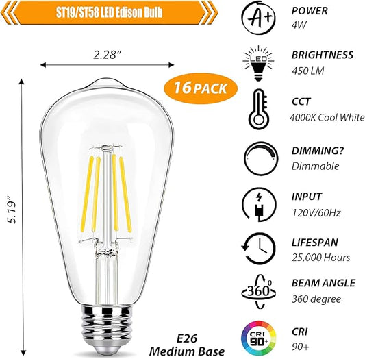 16 Pack LED Edison Bulbs 40W Equivalent, 4000K Cool White Dimmable ST19 Light Bulb, 4W LED Filament Bulb, 450LM E26 Vintage Bulbs for Ceiling Light Fixtures
