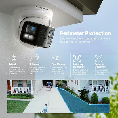 Amcrest Dual-Lens 4K (8MP) Outdoor Security POE Camera, 2 x 4MP Lenses PoE AI Turret IP Camera, 131ft Night Color, Human/Vehicle Detection, Panoramic 180° FOV, 2 x 4MP@25fps IP8M-FCT2999EW-AI (White)
