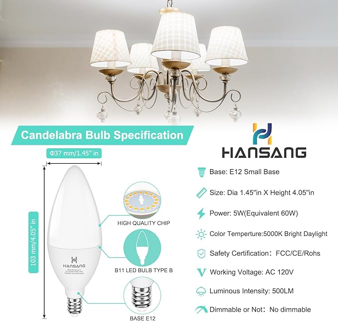 E12 LED Light Bulbs 5000K Bright Daylight, 60W Type B Light Bulb, Small Candelabra Base B11 LED Bulb for Chandelier, Ceiling Fan Light Bulbs, 5W, 500LM, 120V, 4 Pack, Non-dimmable