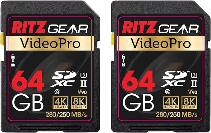 Ritz Gear Video Pro SD Card UHS-II 64GB SDXC Memory Card 2-Pack U3 V90 A1, Extreme Performance Professional (R 280mb/s 250mb/s W) for Advanced DSLR,Well-Suited for Video, Including 4K,8K, 3D, Full HD