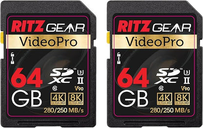 Ritz Gear Video Pro SD Card UHS-II 64GB SDXC Memory Card 2-Pack U3 V90 A1, Extreme Performance Professional (R 280mb/s 250mb/s W) for Advanced DSLR,Well-Suited for Video, Including 4K,8K, 3D, Full HD