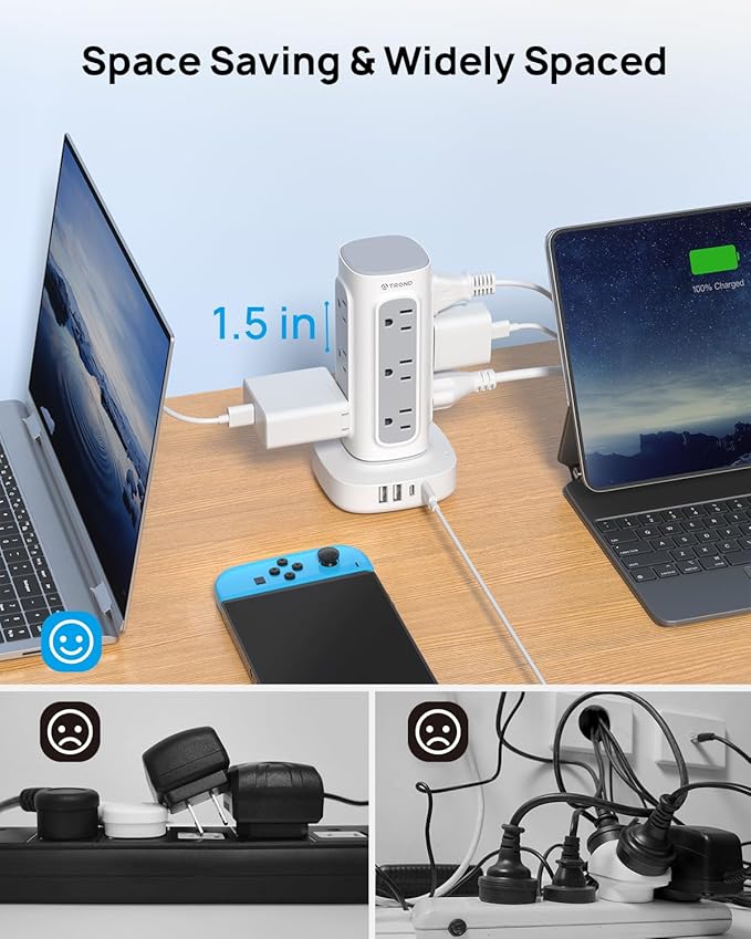 TROND Surge Protector Power Strip Tower - 10ft Flat Plug Extension Cord with Multiple Outlets, 4 USB Ports, Vertical Charging Station, 1700 J, Home Office Desk Supplies, Dorm Room Essentials, White