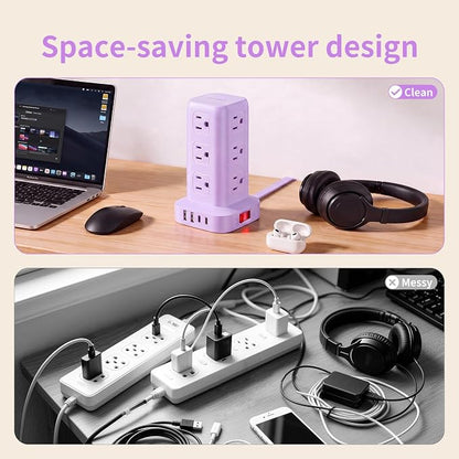 Extension Cord with Multiple Outlets, SMALLRT Power Strip Tower, Outlet Extender with 12 AC Outlets 4 USB, 6.5FT Extension Cord for Home Dorm Room, Office Supplies, Purple