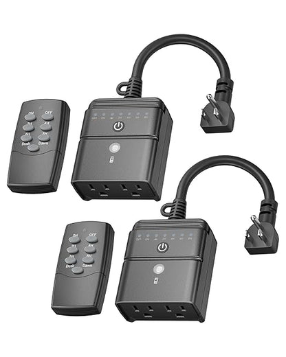 BN-LINK Outdoor Timer with Remote Control, Dusk to Dawn Light Sensor, Waterproof Plug-in Timer Outlet, 2 Grounded Outlets, 100ft Range, Perfect for Christmas & Halloween Lights, 15A 1/2HP ETL,2pack