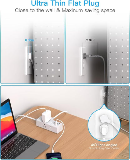 5Ft Extension Cord with Multiple Outlets, Flat Plug Power Strip Surge Protector with 5 Ft Long Cord, 6 Outlet 4 USB Ports (2 USB C), Multi Outlet Wall Plug for Travel, College, Dorm Room Essentials
