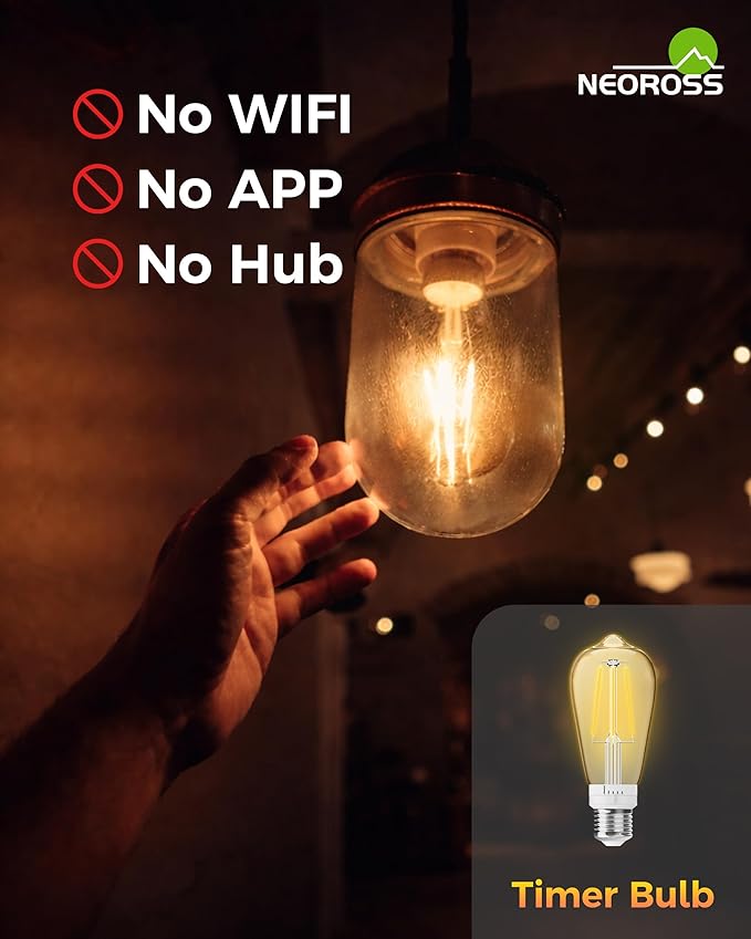 ST19 Timer Light Bulb 4 Pack: Vintage Edison LED Bulbs with Built-in Timer, 3H/6H/9H/12H Auto Modes, Warm White 2700K 600lm, E26 Base, No WiFi, Energy Saving Indoor/Outdoor Porch & Patio Light