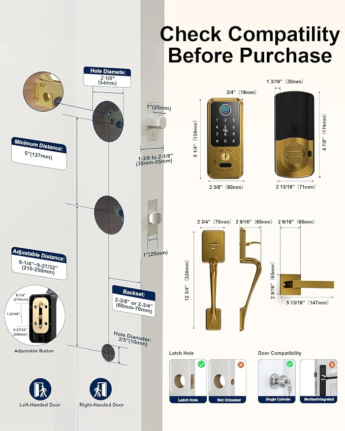 Hornbill Keyless Entry Door Lock, Smart Front Door Lock Set, Smart Deadbolt Keypad Handle Set for Home/House/Airbnb/Office, Auto-Lock,Satin Brass