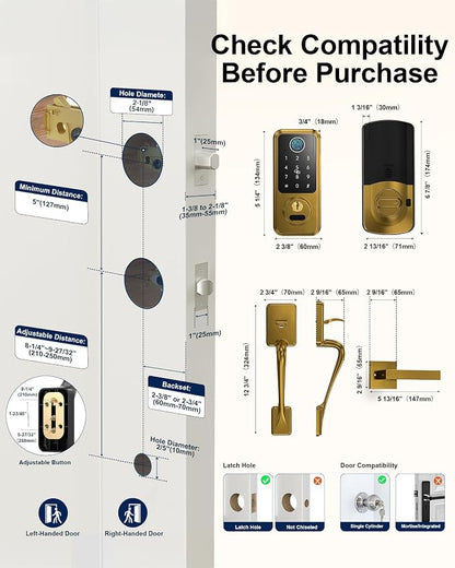 Hornbill Keyless Entry Door Lock, Smart Front Door Lock Set, Smart Deadbolt Keypad Handle Set for Home/House/Airbnb/Office, Auto-Lock,Satin Brass