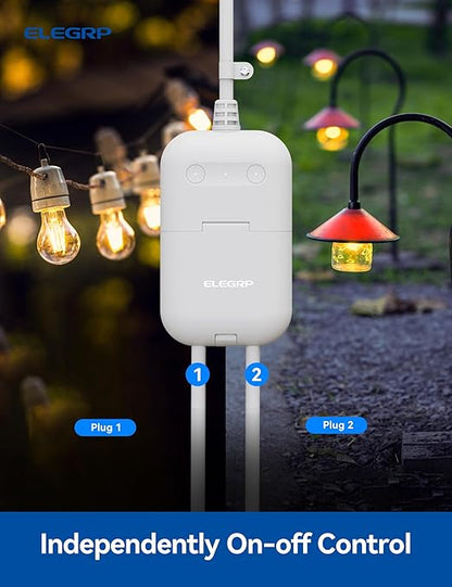 ELEGRP PQR20 Outdoor Smart Plug Waterproof IP66, WiFi Plug with 2 Individually Sockets, Compatible with Alexa & Google Assistant, Smart Outdoor Outlet for String Lights, UL Certified, 2 Pack, Grey