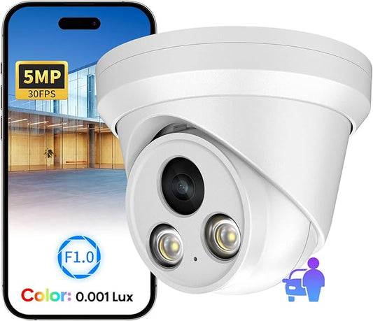 VIKYLIN 5MP Full Color POE IP Security Camera,AI Human/Vehicle Detection,98ft Color Night Vision F1.0,Built in Mic, 2.8mm Lens,IP67,5MP@30fps，NDAA Compliant
