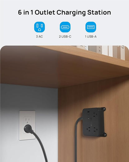TROND Flat Plug Power Strip, 3FT Short Extension Cord with 3 AC Outlets, Wall Mount Charging Station with 2 USB-C & 1 USB-A, in Cabinet Power Outlet, Attach Behind TV or Under Desk Vanity Counter
