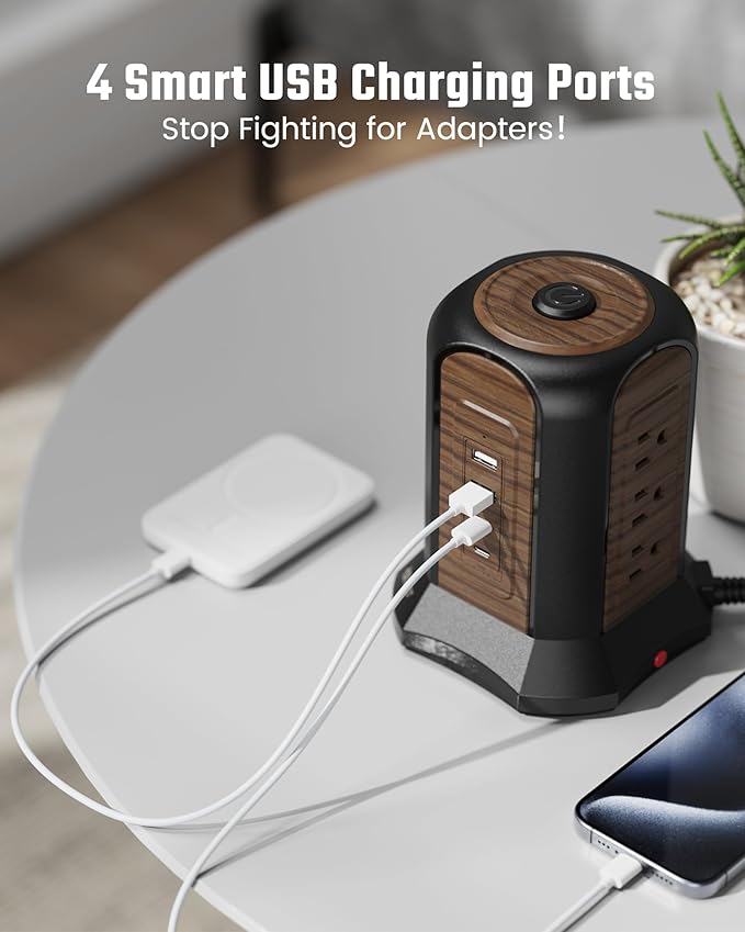 SUPERDANNY Power Strip Tower Surge Protector, 10 Ft Extension Cord with Multiple Outlets, 9 Outlets, 4 USB Ports (2 USB C), 1080 Joules, 3-Prong, Grounded, Charging Station for Home, Office, Brown