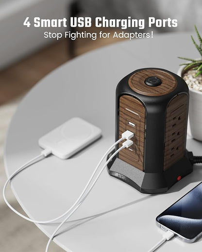 SUPERDANNY Power Strip Tower Surge Protector, 10 Ft Extension Cord with Multiple Outlets, 9 Outlets, 4 USB Ports (2 USB C), 1080 Joules, 3-Prong, Grounded, Charging Station for Home, Office, Brown