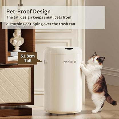 MRBIN Metal Motion Sensor Tall Kitchen Trash Can with Lid and Wheel, 8 Gallon Automatic Garbage Pail Touchless, Electric Covered Waste Basket for Bedroom, Rv, Office, Restroom, Cream White